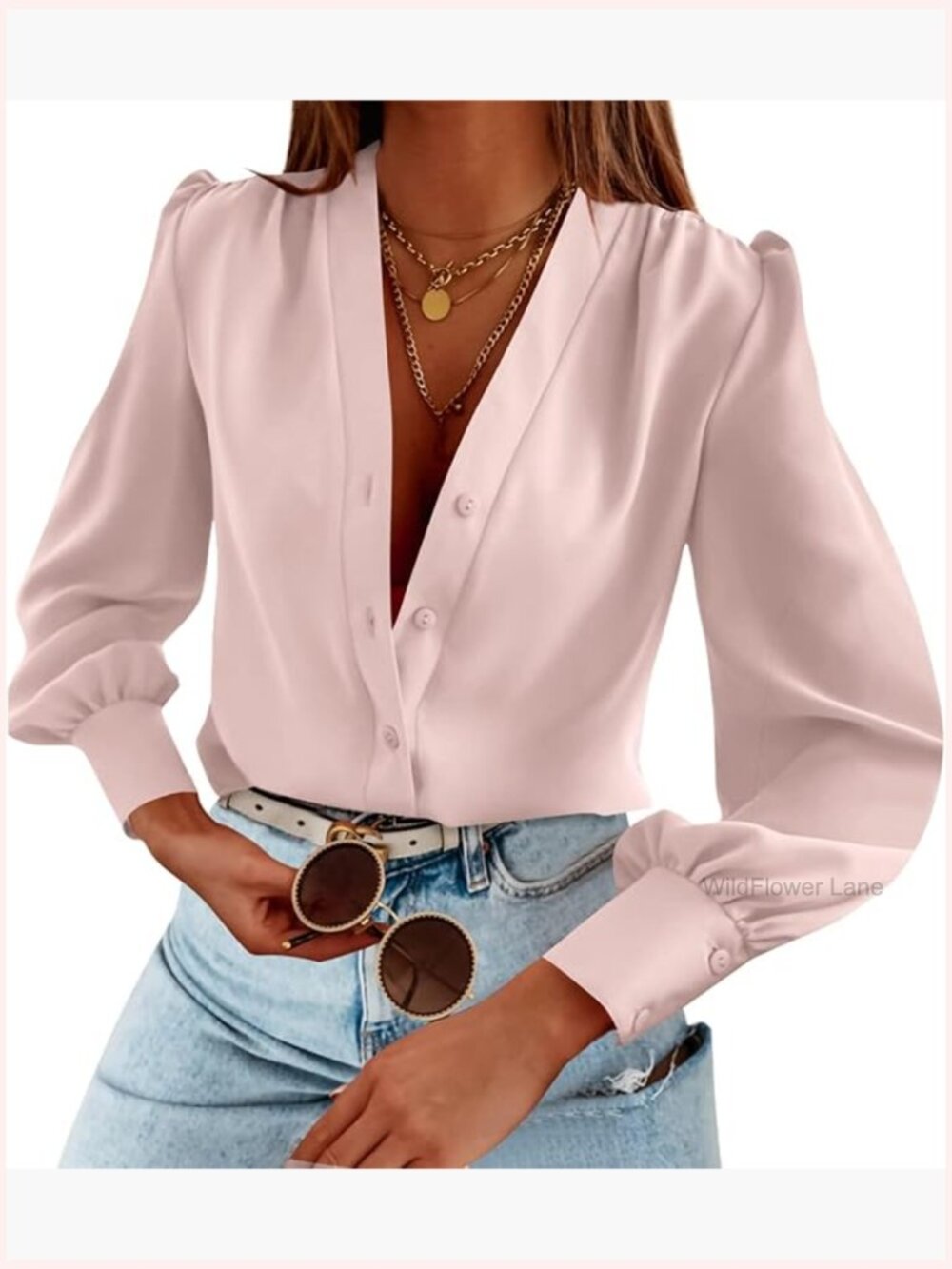Business Casual Long Sleeve Button Down Shirt V Neck Blouse